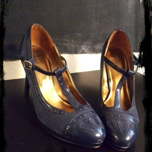 Blue T-strap heels
